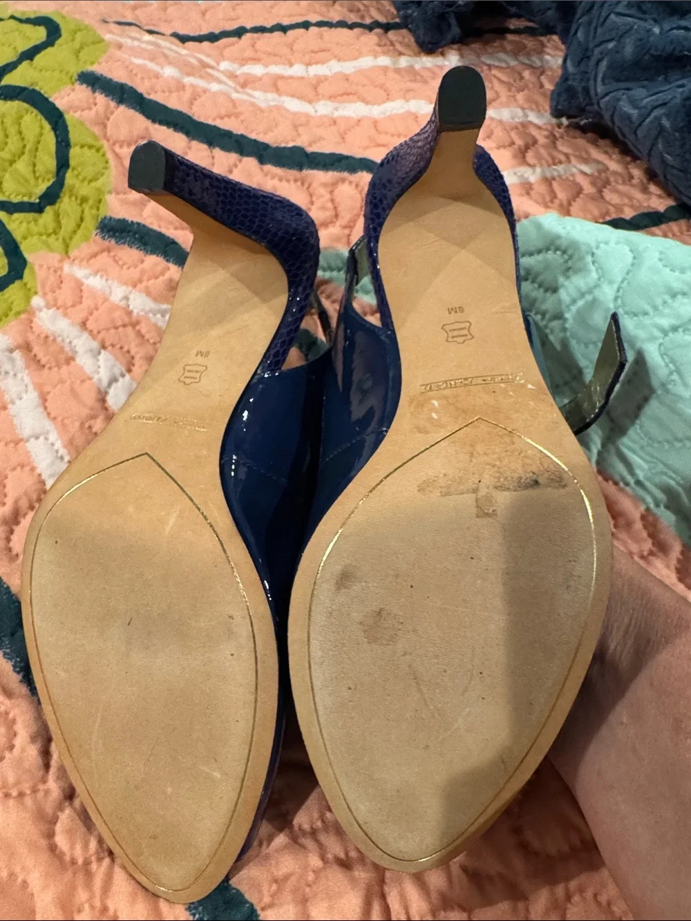 Joan & David Navy Patent Peep-Toe Slingbacks with Gold Buckles